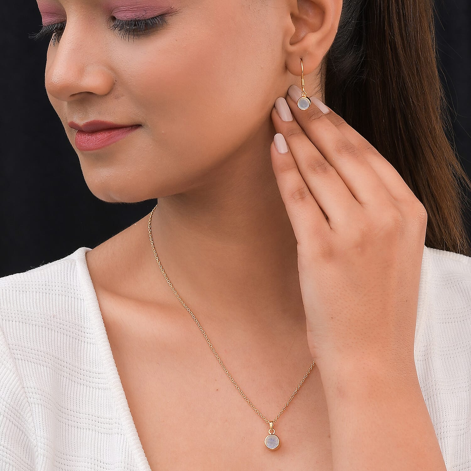 2 Piece Set - Rainbow Moonstone Pendant & Hook Earrings in 14K Gold Overlay Sterling Silver With Stainless Steel Chain ( Size 20)  2.94 Ct.