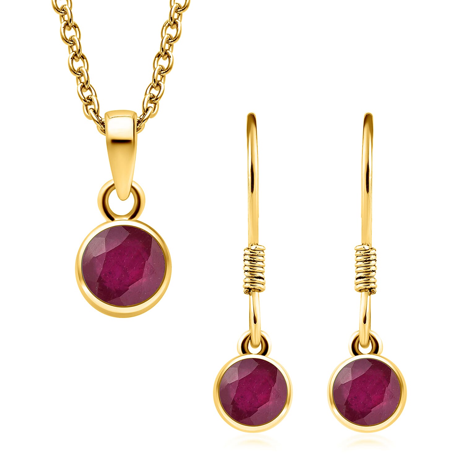 2 Piece Set - African Ruby (FF) Pendant & Hook Earrings in 14K Gold Overlay Sterling Silver With Stainless Steel Chain (Size 20) 2.94 Ct.