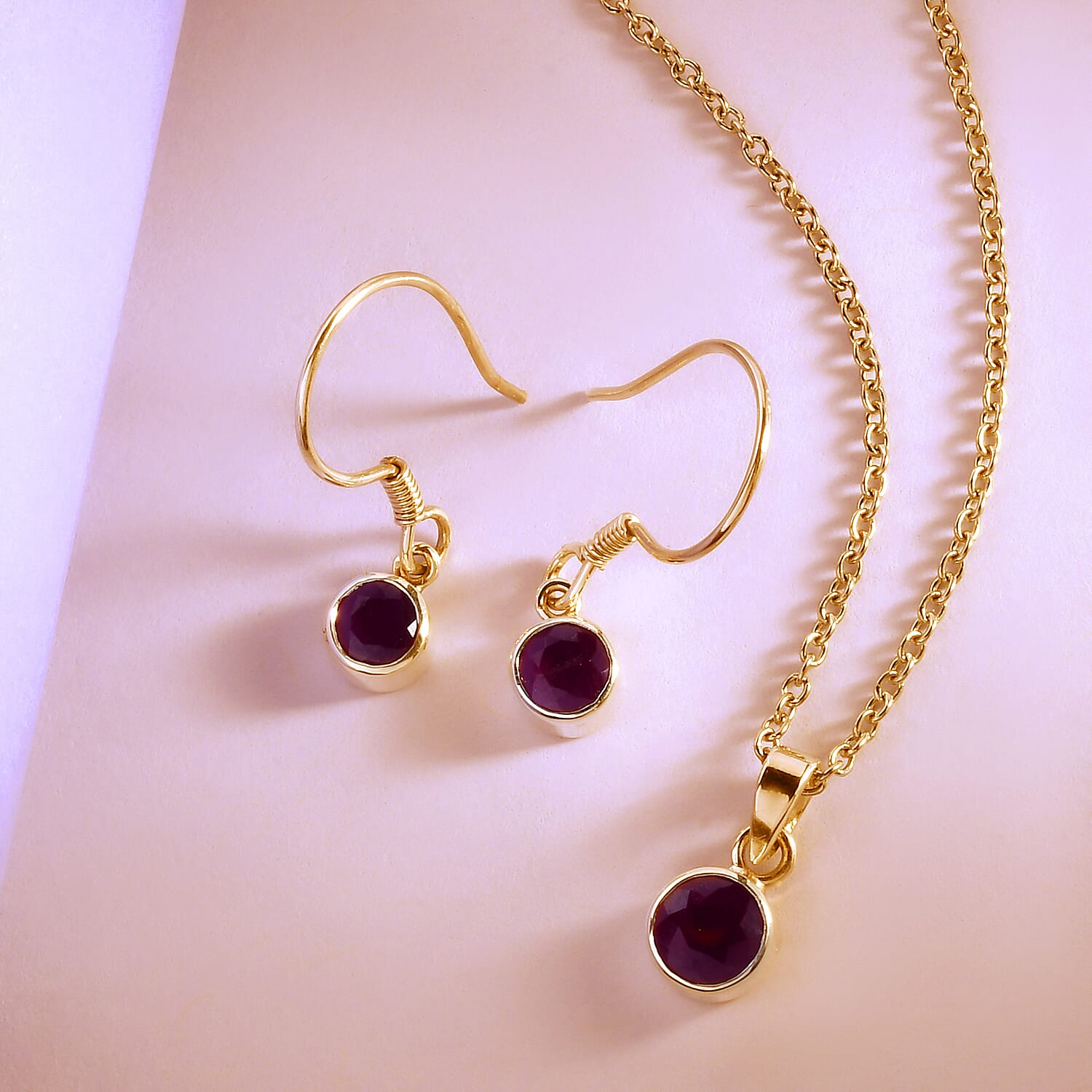 2 Piece Set - African Ruby (FF) Pendant & Hook Earrings in 14K Gold Overlay Sterling Silver With Stainless Steel Chain (Size 20) 2.94 Ct.