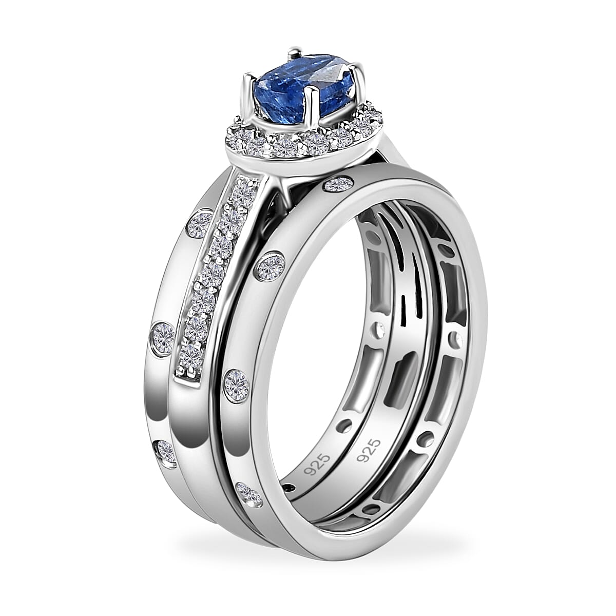 Set of 3 - Kashmir Kyanite and Natural Cambodian Zircon Ring in Platinum Overlay Sterling Silver 1.41 Ct, Silver Wt. 6.00 Gms