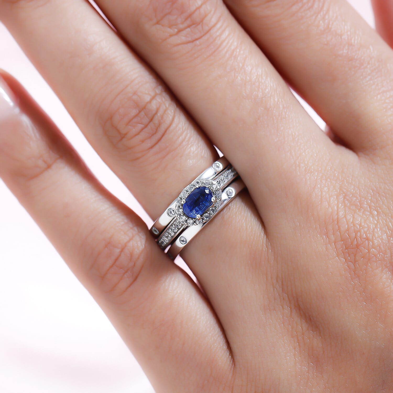 Set of 3 - Kashmir Kyanite and Natural Cambodian Zircon Ring in Platinum Overlay Sterling Silver 1.41 Ct, Silver Wt. 6.00 Gms