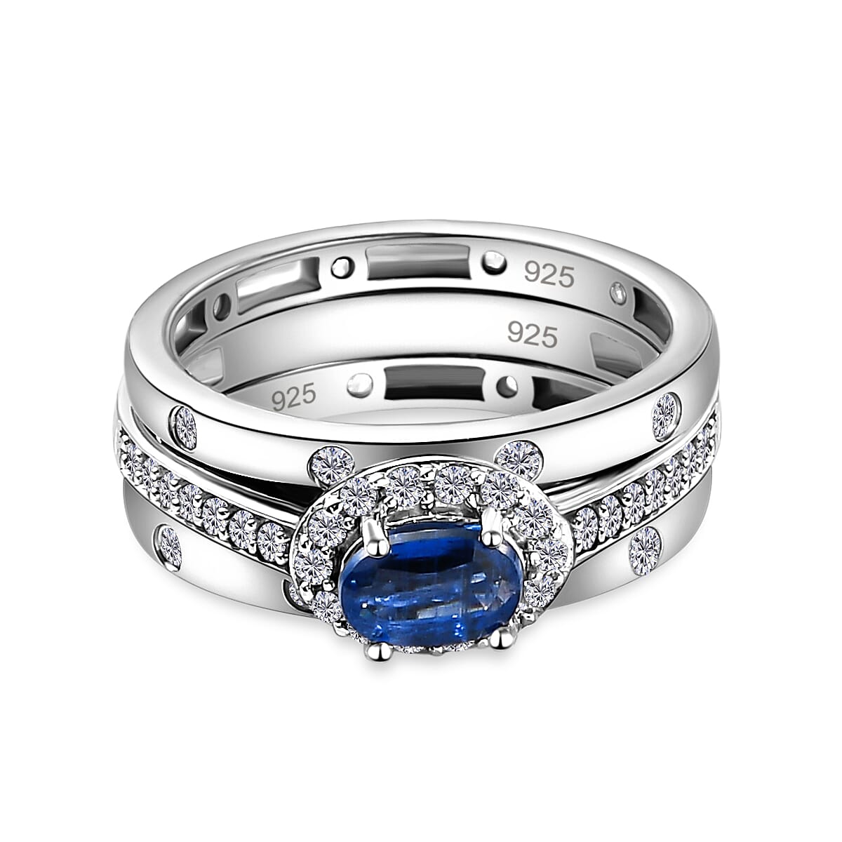 Set of 3 - Kashmir Kyanite and Natural Cambodian Zircon Ring in Platinum Overlay Sterling Silver 1.41 Ct, Silver Wt.6.00 Gms