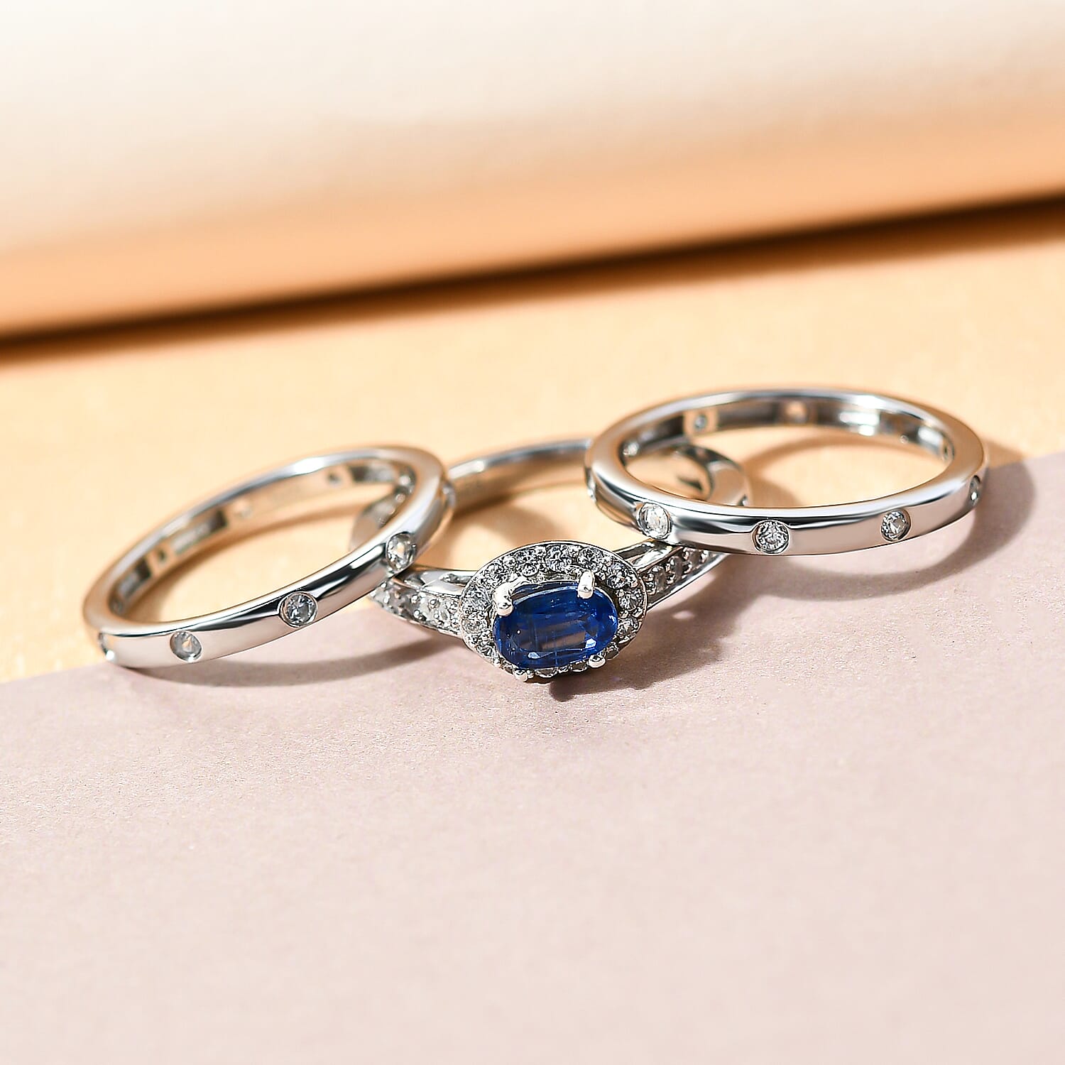 Set of 3 - Kashmir Kyanite and Natural Cambodian Zircon Ring in Platinum Overlay Sterling Silver 1.41 Ct, Silver Wt.6.00 Gms