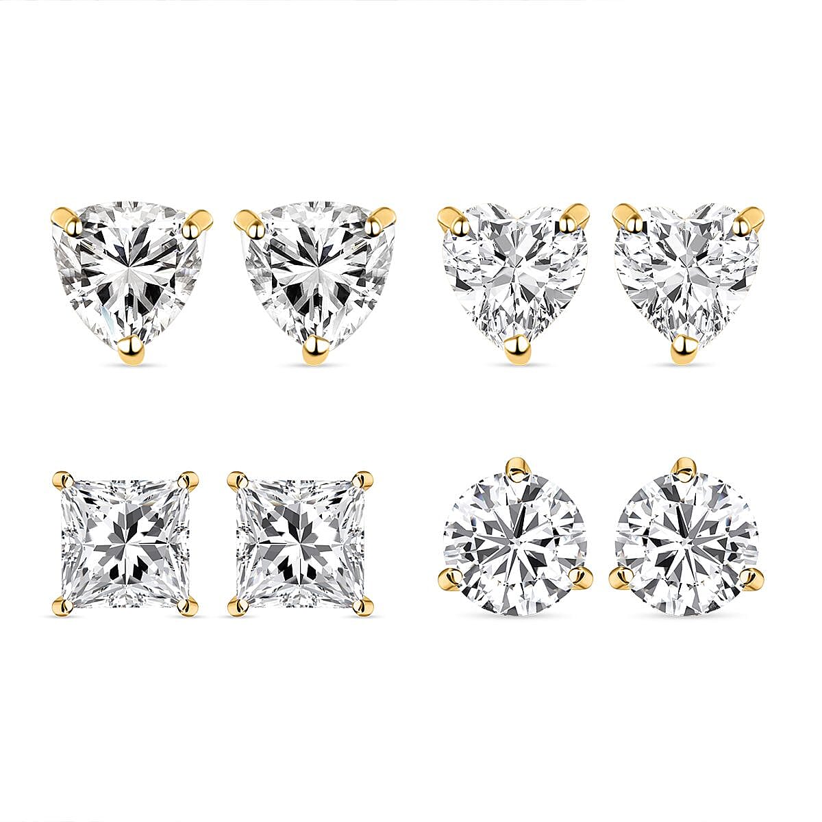 Set of 4 - ELANZA Simulated Diamond Stud Earrings (with Push Back) in 14K Gold Overlay Sterling Silver
