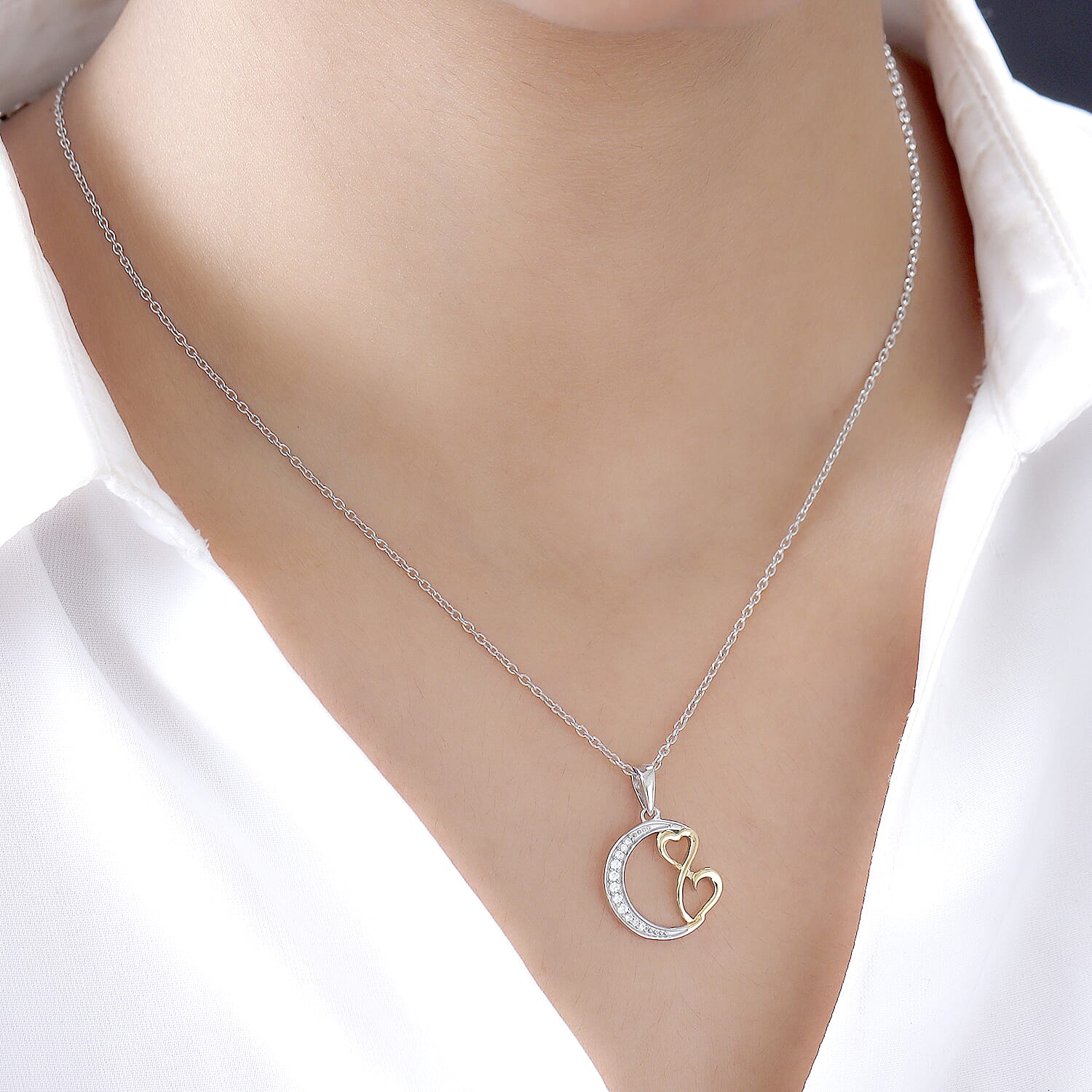 ELANZA Simulated Diamond Moon Pendant And Chain ( Size 20) in Two Tone Overlay Sterling Silver