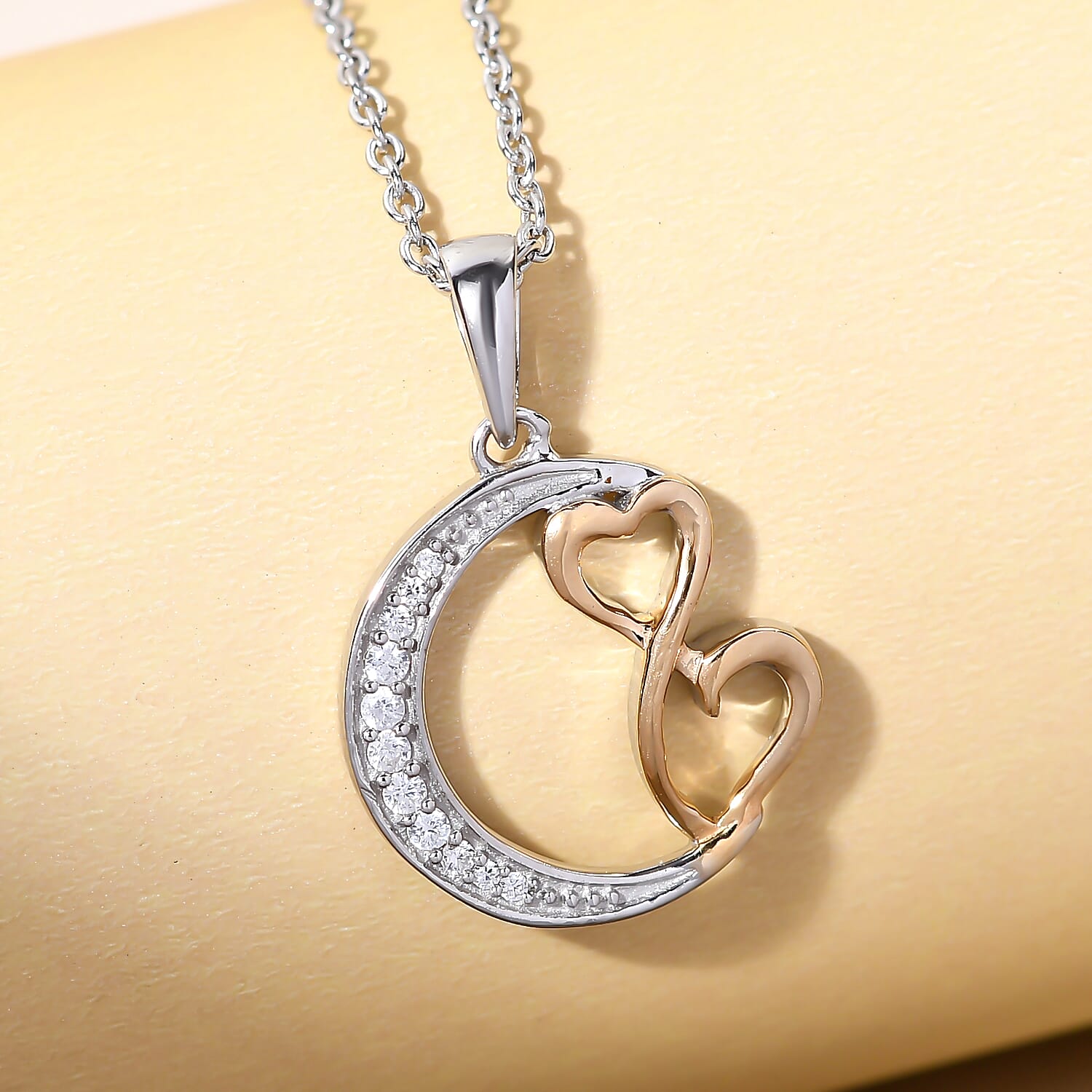 ELANZA Simulated Diamond Moon Pendant And Chain ( Size 20) in Two Tone Overlay Sterling Silver