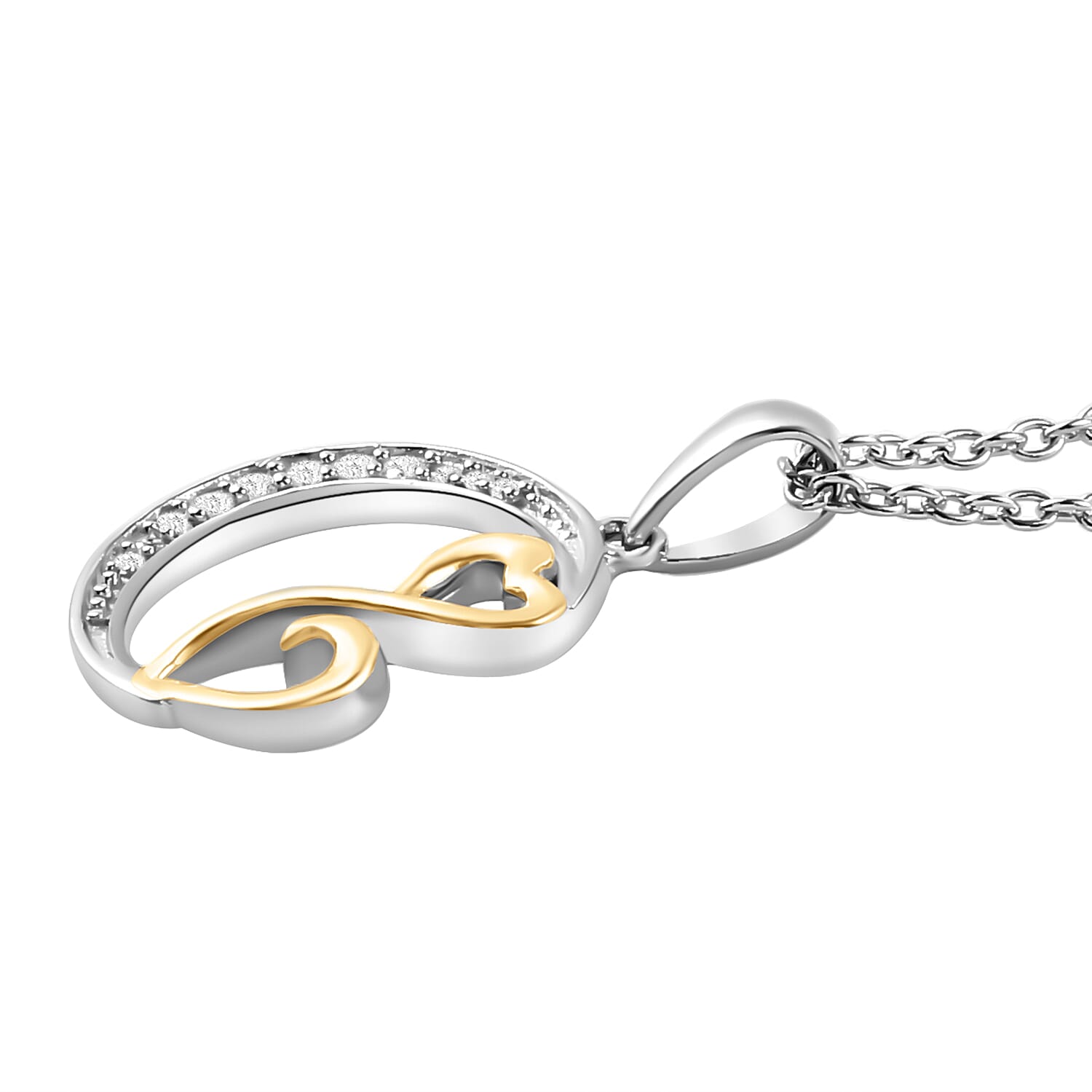 ELANZA Simulated Diamond Moon Pendant And Chain ( Size 20) in Two Tone Overlay Sterling Silver