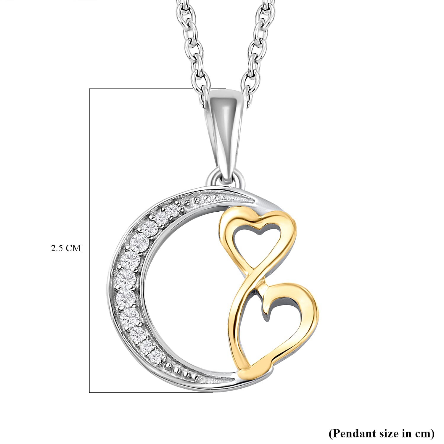 ELANZA Simulated Diamond Moon Pendant And Chain ( Size 20) in Two Tone Overlay Sterling Silver