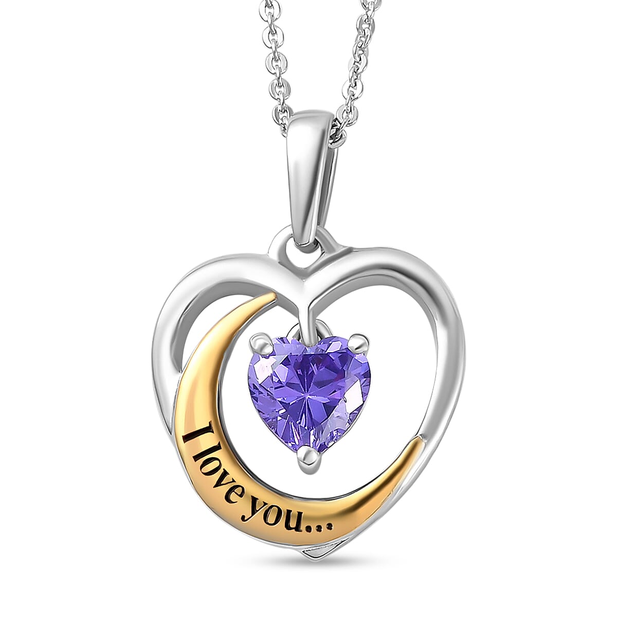 Simulated Amethyst Heart Pendant with Chain (Size 20) in Platinum and Yellow Gold Overlay Sterling Silver