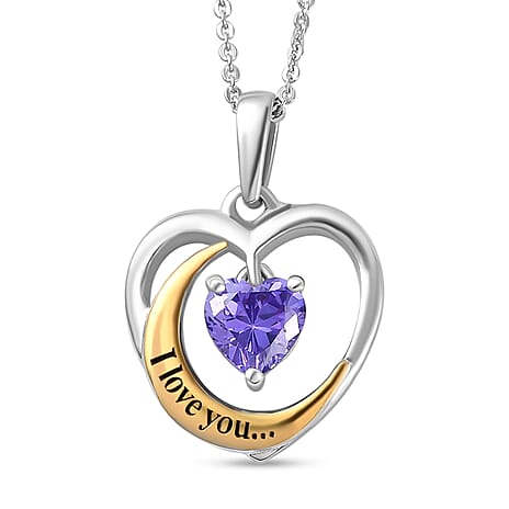 Simulated Amethyst Heart Pendant with Chain (Size 20) in Platinum and Yellow Gold Overlay Sterling Silver