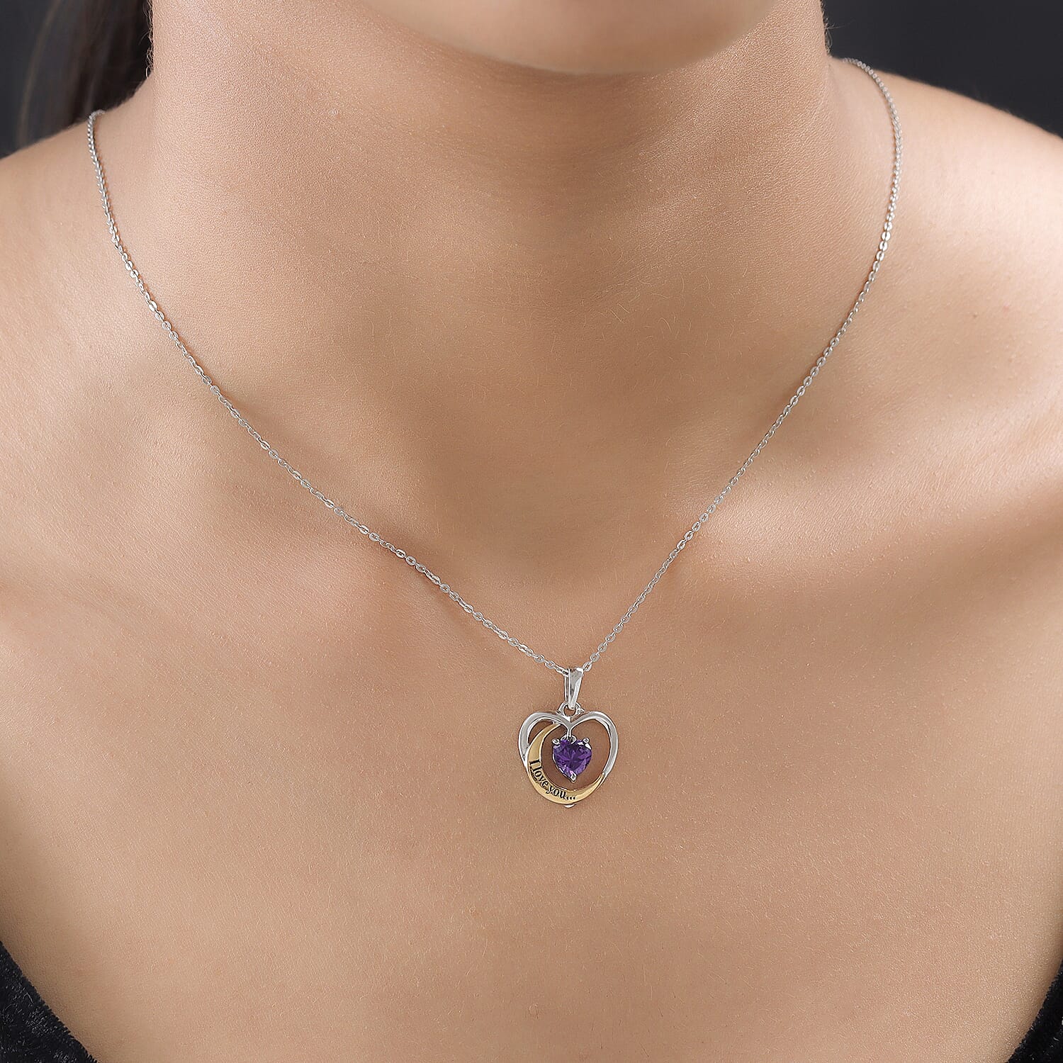 Simulated Amethyst Heart Pendant with Chain (Size 20) in Platinum and Yellow Gold Overlay Sterling Silver