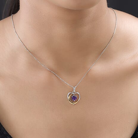 Simulated Amethyst Heart Pendant with Chain (Size 20) in Platinum and Yellow Gold Overlay Sterling Silver