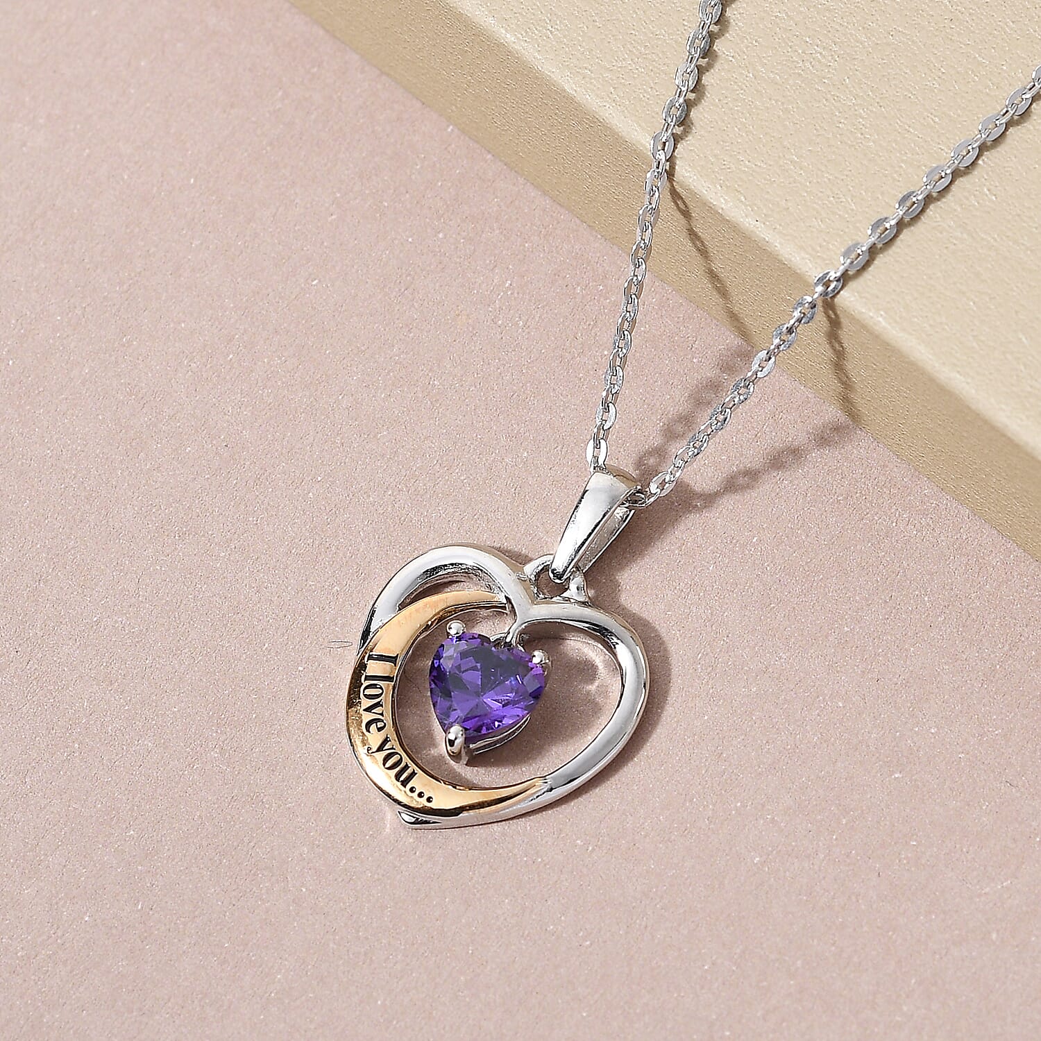Simulated Amethyst Heart Pendant with Chain (Size 20) in Platinum and Yellow Gold Overlay Sterling Silver