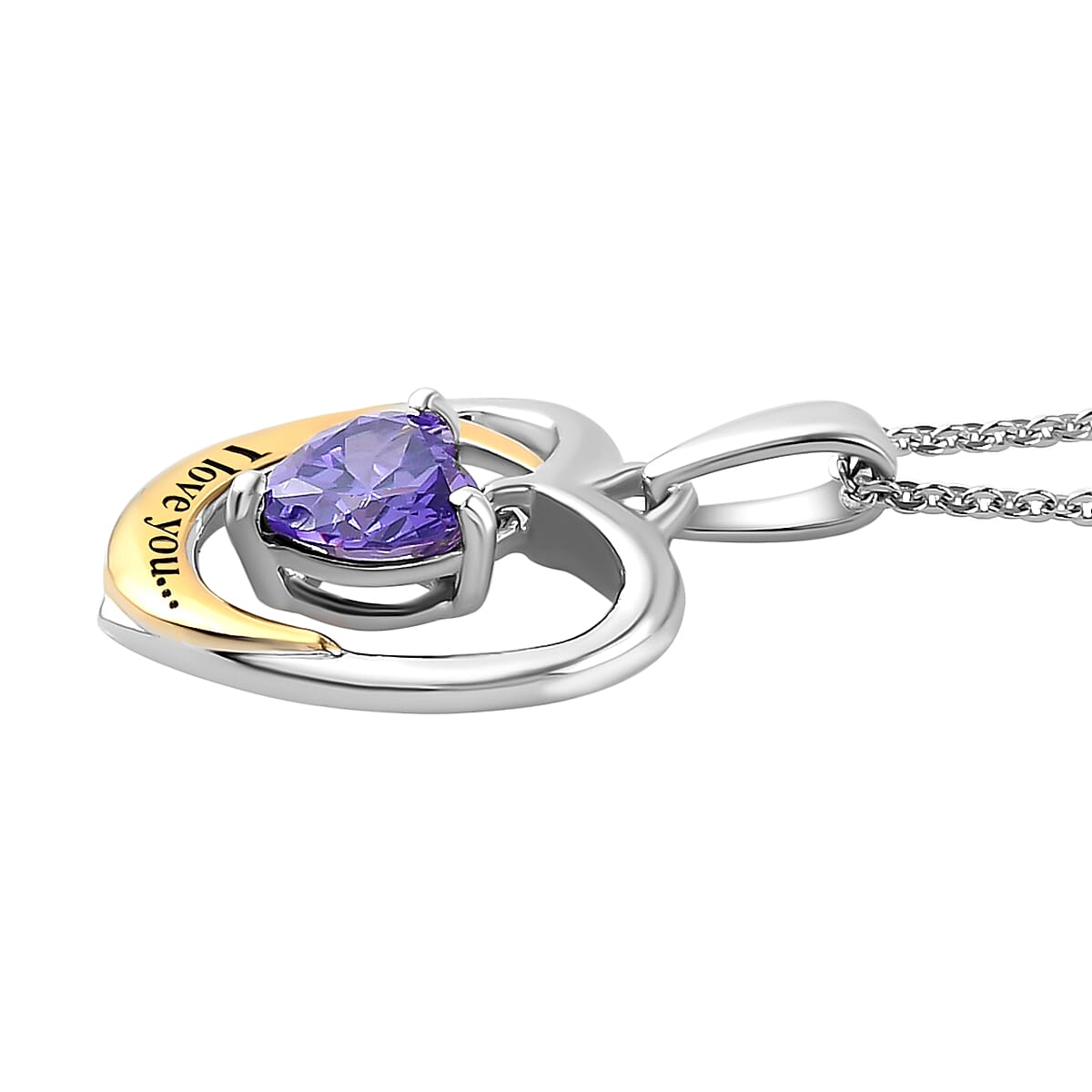 Simulated Amethyst Heart Pendant with Chain (Size 20) in Platinum and Yellow Gold Overlay Sterling Silver