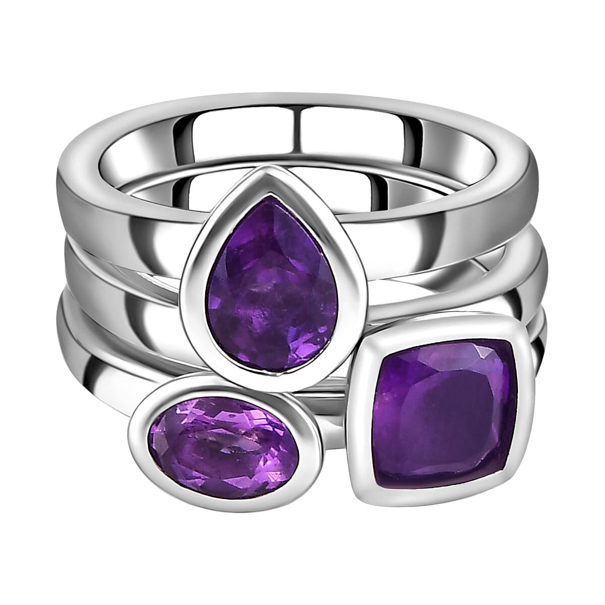 Set of 3 -  African Amethyst Solitaire Ring Stainless Steel  2.000  Ct.