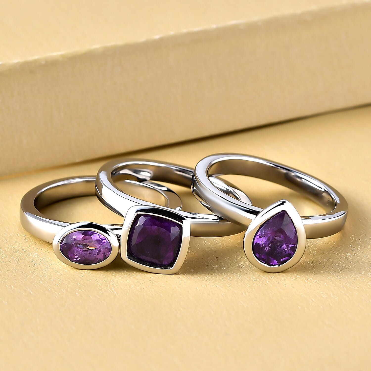Set of 3 -  African Amethyst Solitaire Ring Stainless Steel  2.000  Ct.