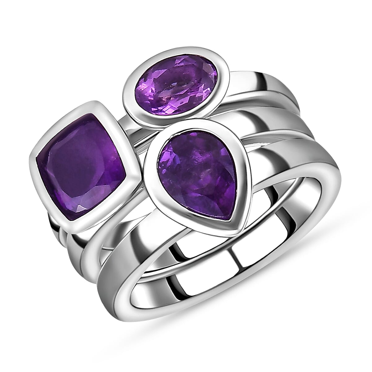 Set of 3 -  African Amethyst Solitaire Ring Stainless Steel  2.000  Ct.