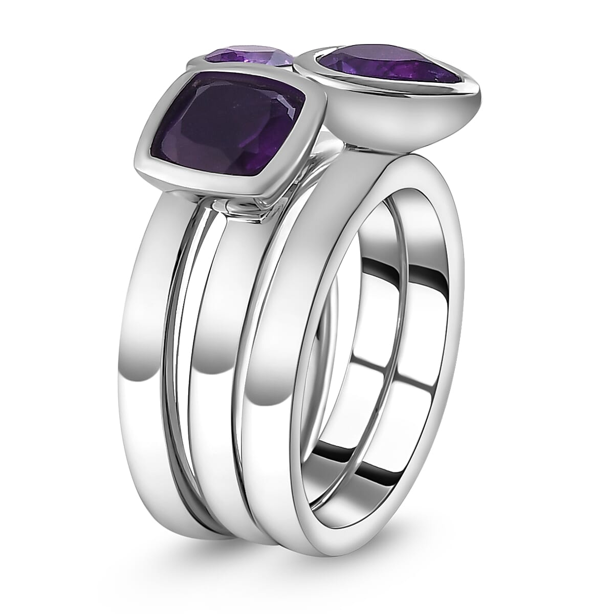 Set of 3 -  African Amethyst Solitaire Ring Stainless Steel  2.000  Ct.