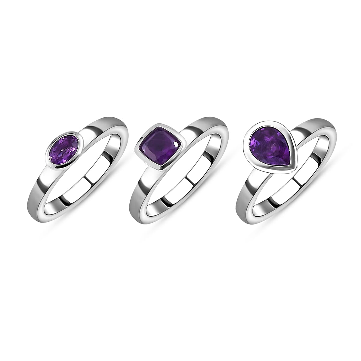 Set of 3 -  African Amethyst Solitaire Ring Stainless Steel  2.000  Ct.