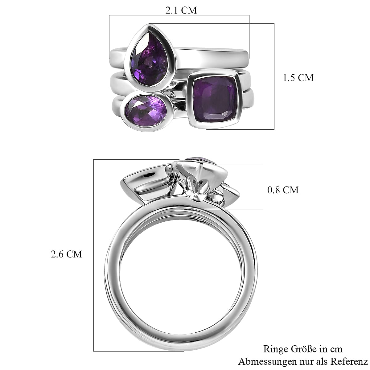 Set of 3 -  African Amethyst Solitaire Ring Stainless Steel  2.000  Ct.