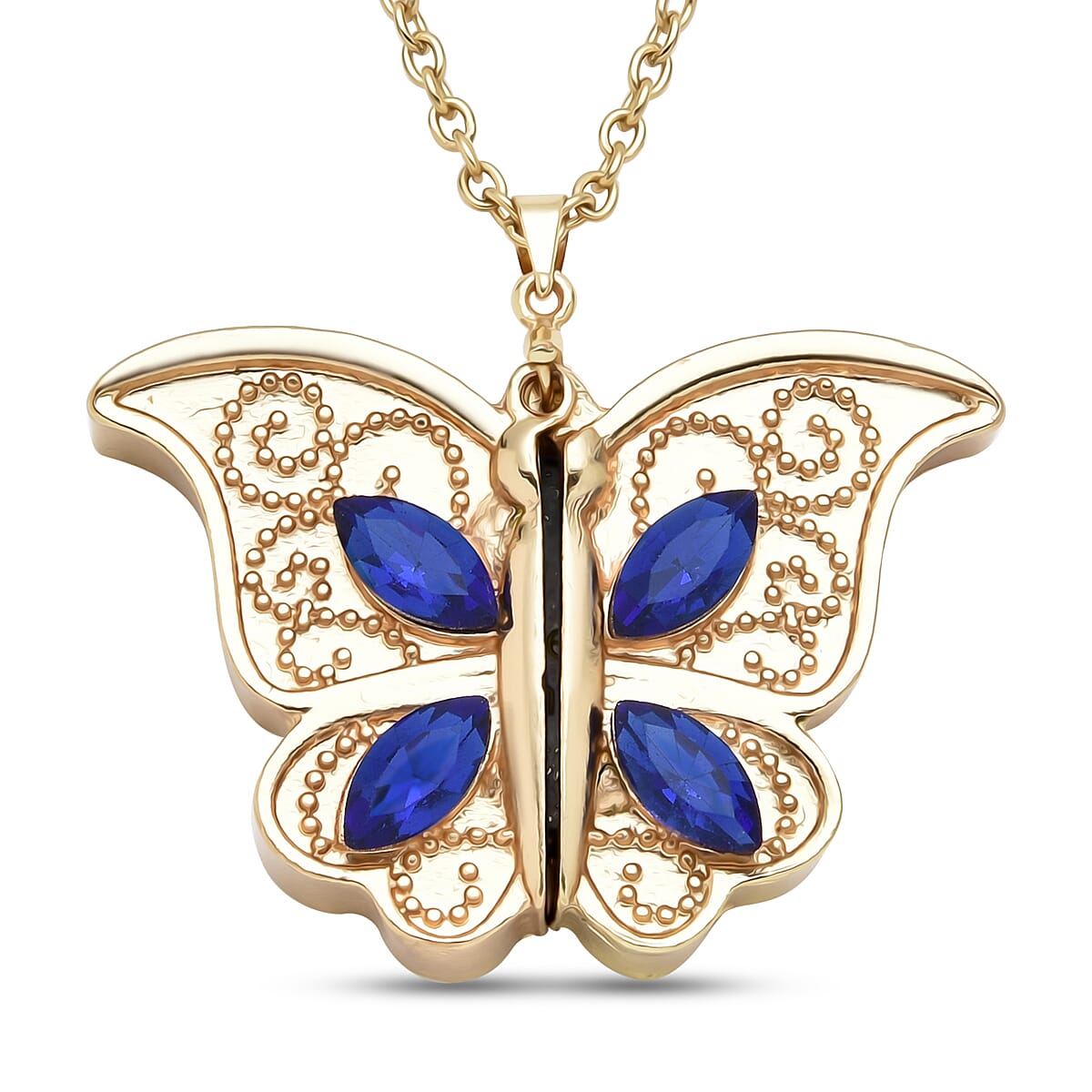 Lapis Lazuli and Blue Austrian Crystal Butterfly Pendant with Chain (Size 24 with 2 Inch Extender) in Yellow Gold Tone