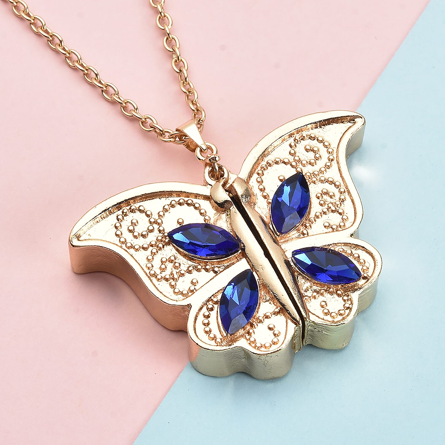 Lapis Lazuli and Blue Austrian Crystal Butterfly Pendant with Chain (Size 24 with 2 Inch Extender) in Yellow Gold Tone