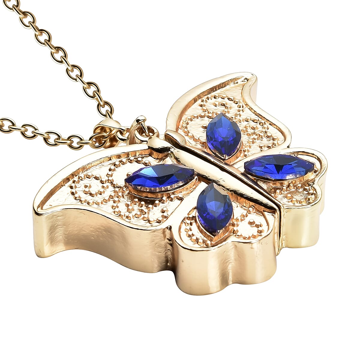 Lapis Lazuli and Blue Austrian Crystal Butterfly Pendant with Chain (Size 24 with 2 Inch Extender) in Yellow Gold Tone