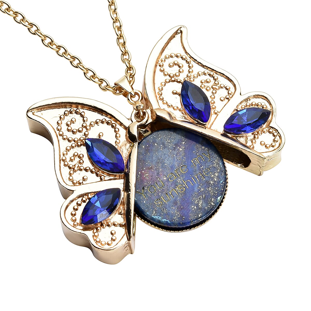 Lapis Lazuli and Blue Austrian Crystal Butterfly Pendant with Chain (Size 24 with 2 Inch Extender) in Yellow Gold Tone