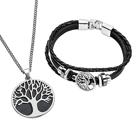 2 Piece Set - Tree of Life Enamelled Necklace (Size 28-2 Ext.) and Genuine Leather Bracelet (Size 8) with Lobster Clasp