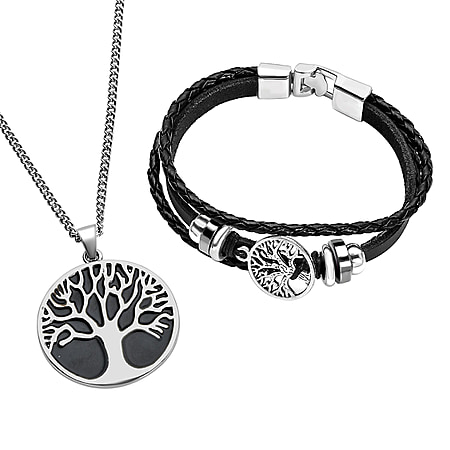 2 Piece Set - Tree of Life Enamelled Necklace (Size 28-2 Inch Ext.) and Genuine Leather Bracelet (Size 8.5)