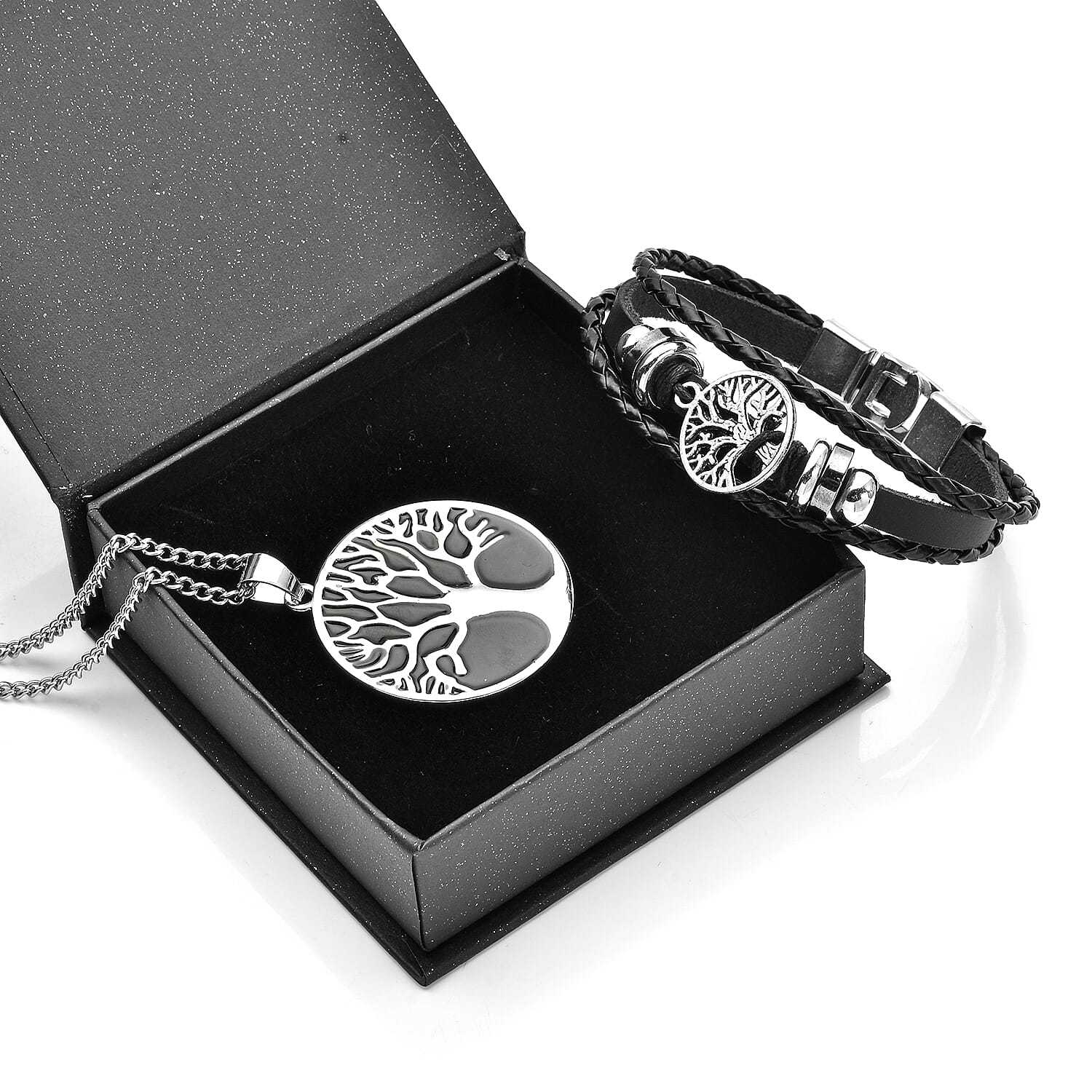2 Piece Set - Tree of Life Enamelled Necklace (Size 28-2 Ext.) and Genuine Leather Bracelet (Size 8) with Lobster Clasp 2 Piece Set - Tree of Life Enamelled Necklace (Size 28-2 Ext.) and Genuine Leather Bracelet (Size 8) with Lobster Clasp