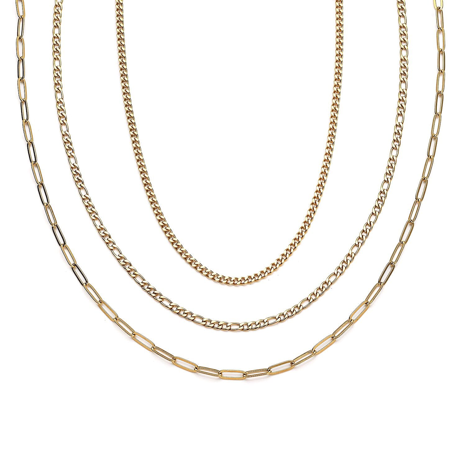 New York Close Out Deal - Set of 3 Necklace (Figaro, Curb & Paperclip) (Size 24) and Magnetic Lock in Yellow Gold Tone