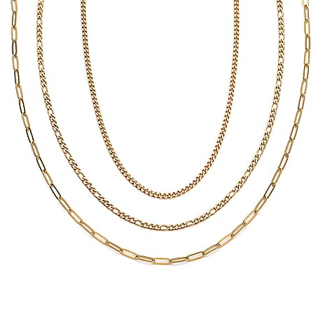 New York Close Out Deal - Set of 3 Necklace (Figaro, Curb & Paperclip) (Size 24) and Magnetic Lock in Yellow Gold Tone