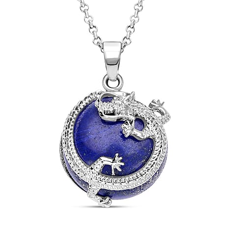 Lapis Lazuli Dragon Pendant with Chain (Size 20 with 2 Ext) in Silver Tone 35.00 Ct.