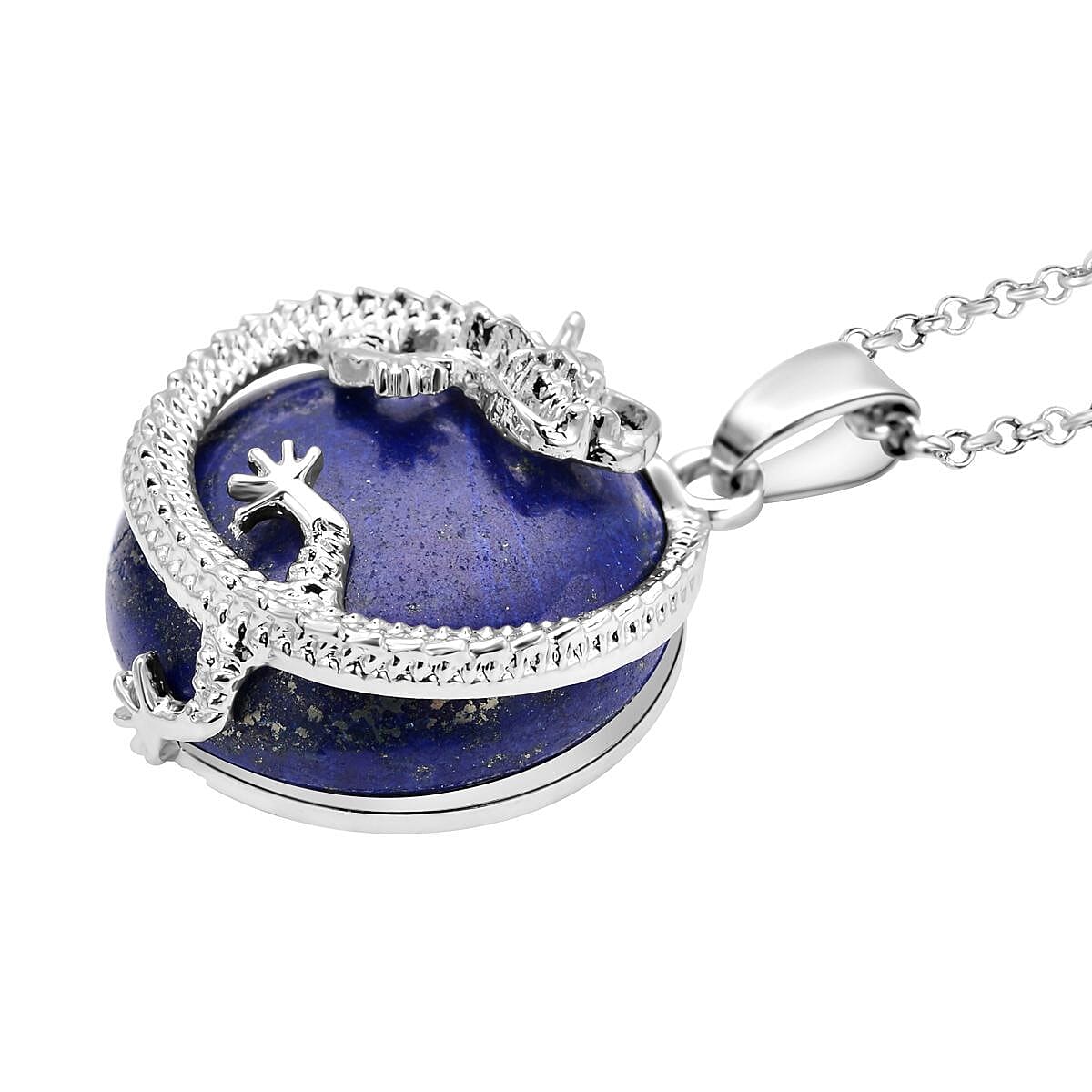 Lapis Lazuli Dragon Pendant with Chain (Size 20 with 2 Ext) in Silver Tone 35.00 Ct.