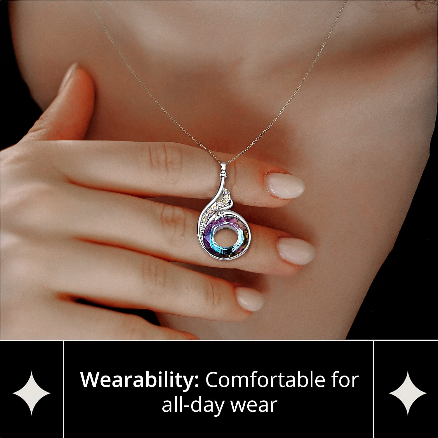 Simulated Mystic Topaz, White & Grey Austrian Crystal Pendant with Chain (Size 20 With 2 Inch Extender) in Silver Tone