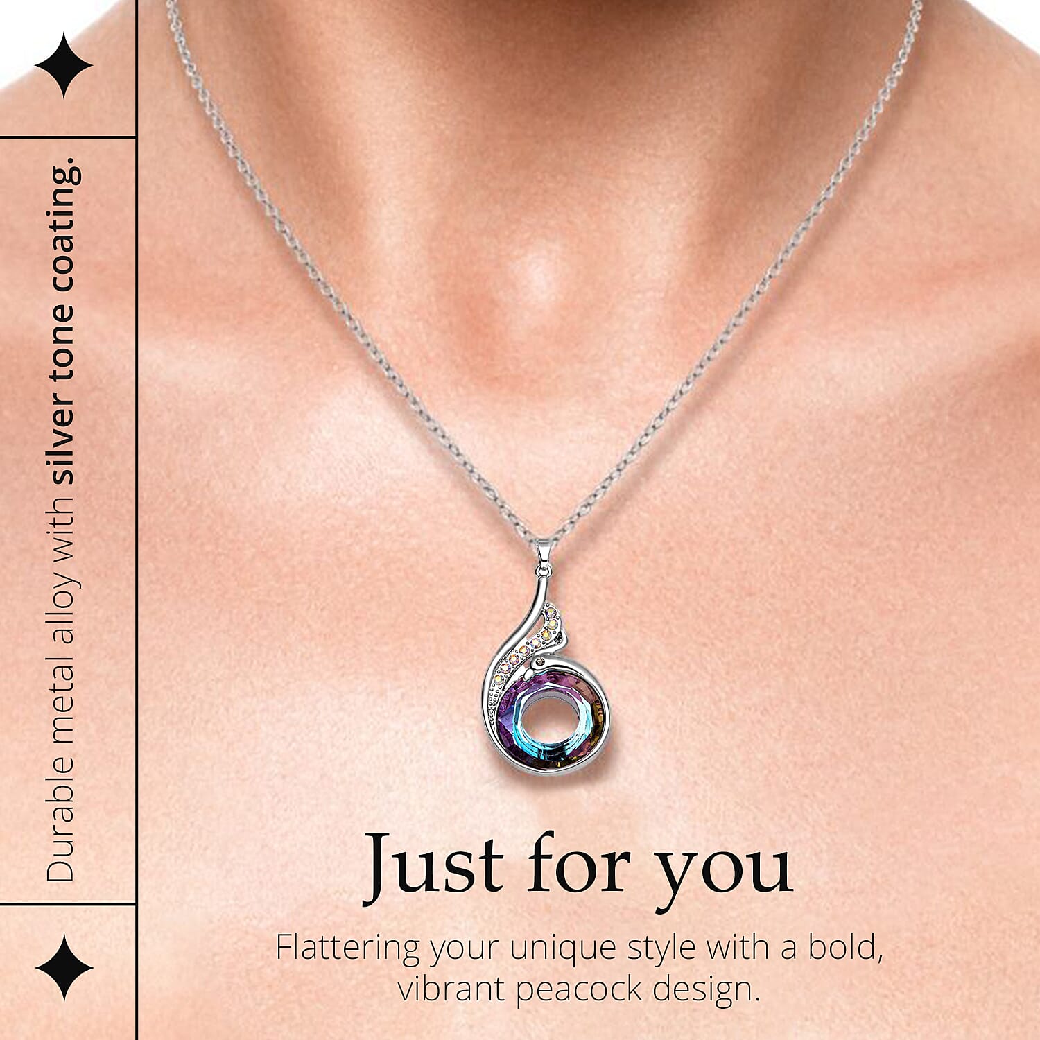 Simulated Mystic Topaz, White & Grey Austrian Crystal Pendant with Chain (Size 20 With 2 Inch Extender) in Silver Tone