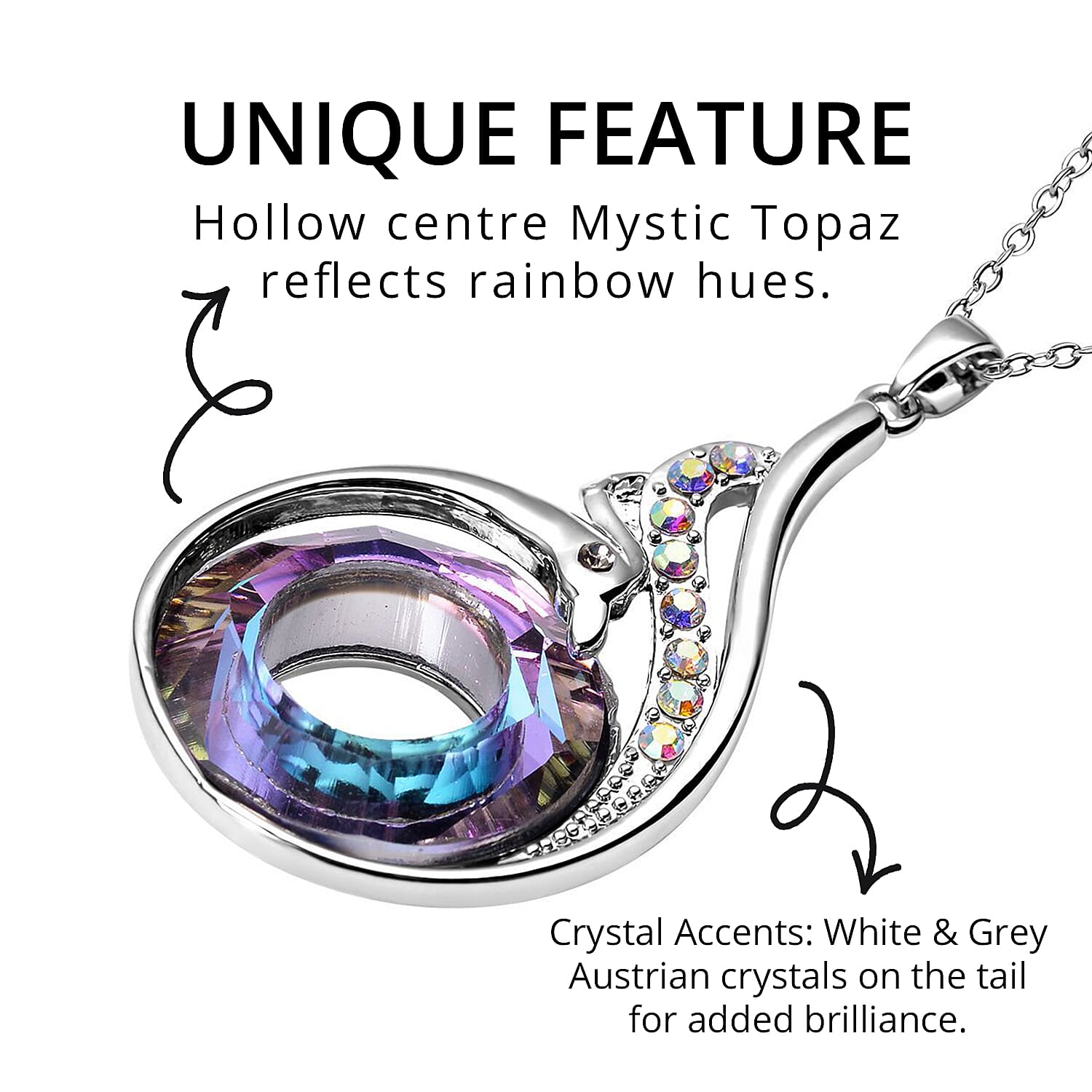 Simulated Mystic Topaz, White & Grey Austrian Crystal Pendant with Chain (Size 20 With 2 Inch Extender) in Silver Tone