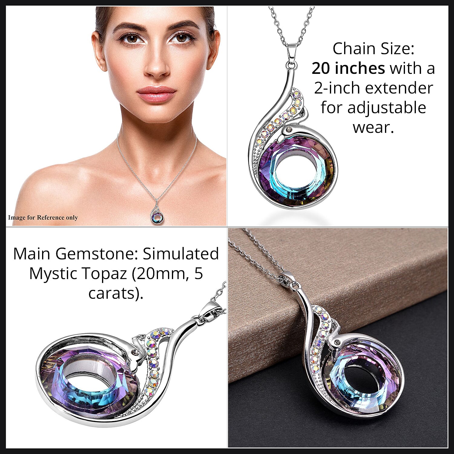 Simulated Mystic Topaz, White & Grey Austrian Crystal Pendant with Chain (Size 20 With 2 Inch Extender) in Silver Tone