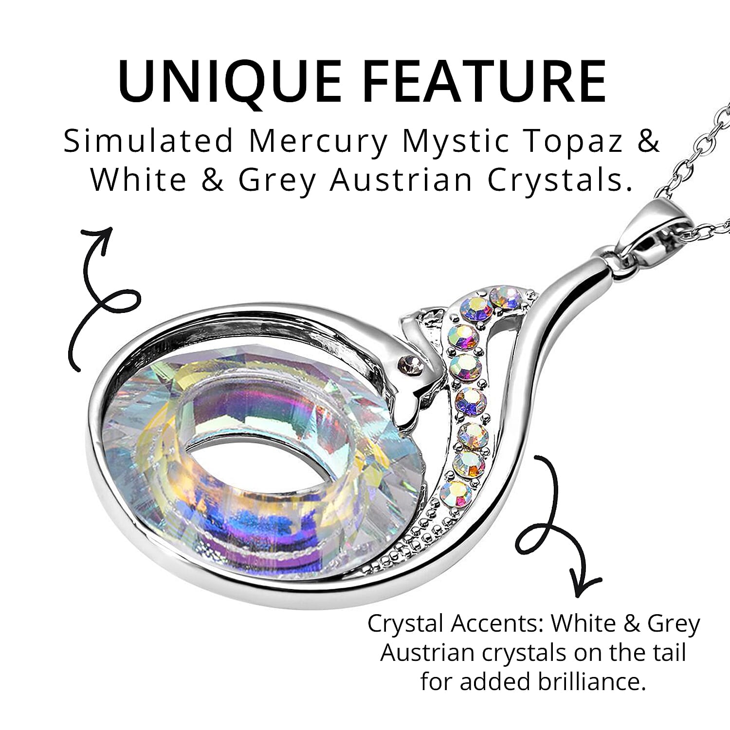 Simulated Mercury Mystic Topaz, AB Crystal & Grey Austrian Crystal Pendant with Chain (Size 20-2 Inch Ext) in Silver Tone