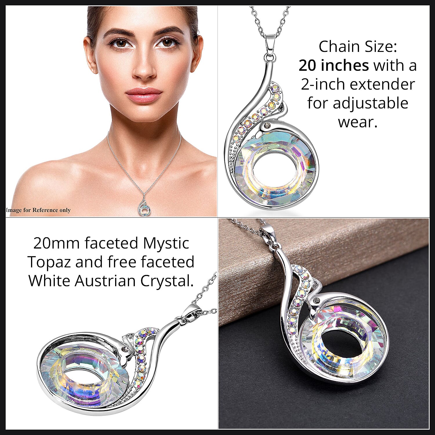 Simulated Mercury Mystic Topaz, AB Crystal & Grey Austrian Crystal Pendant with Chain (Size 20-2 Inch Ext) in Silver Tone