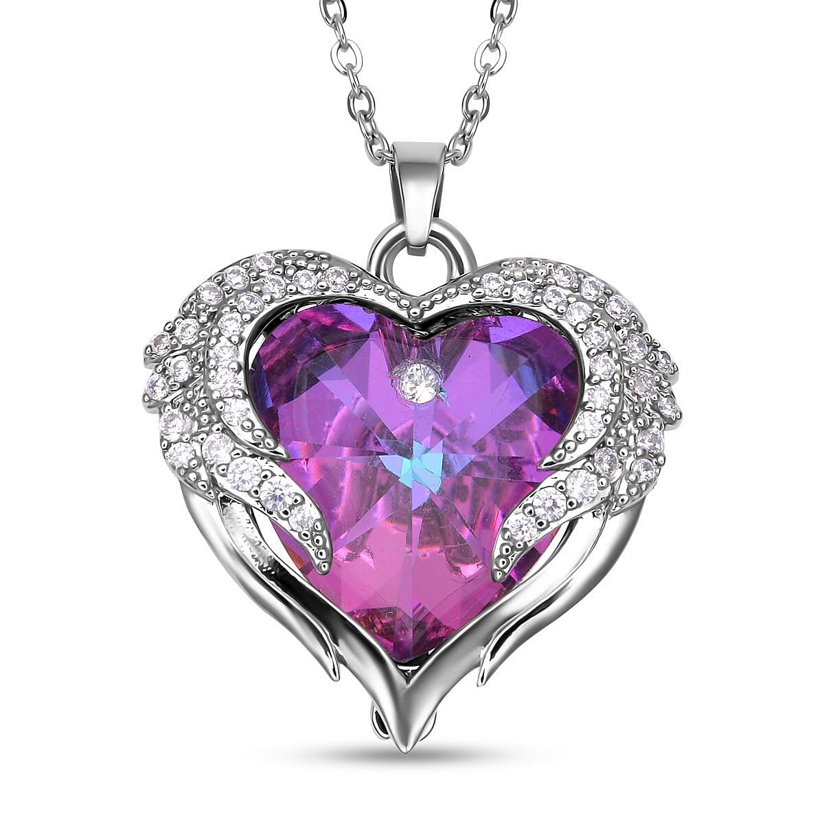 Simulated Mystic Topaz and Simulated Diamond Heart Pendant with Chain (Size 20 With 2 Inch Extender) in Silver Tone