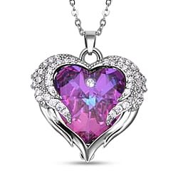 Simulated Purple Crystal and Simulated Diamond Heart Pendant with Chain (Size 20-2 Inch Ext.) in Silver Tone