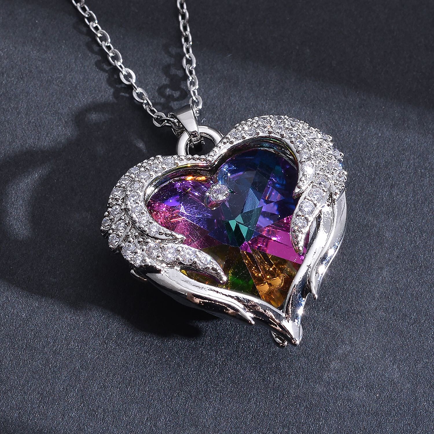 Simulated Mystic Topaz and Simulated Diamond Heart Pendant with Chain (Size 20 With 2 Inch Extender) in Silver Tone