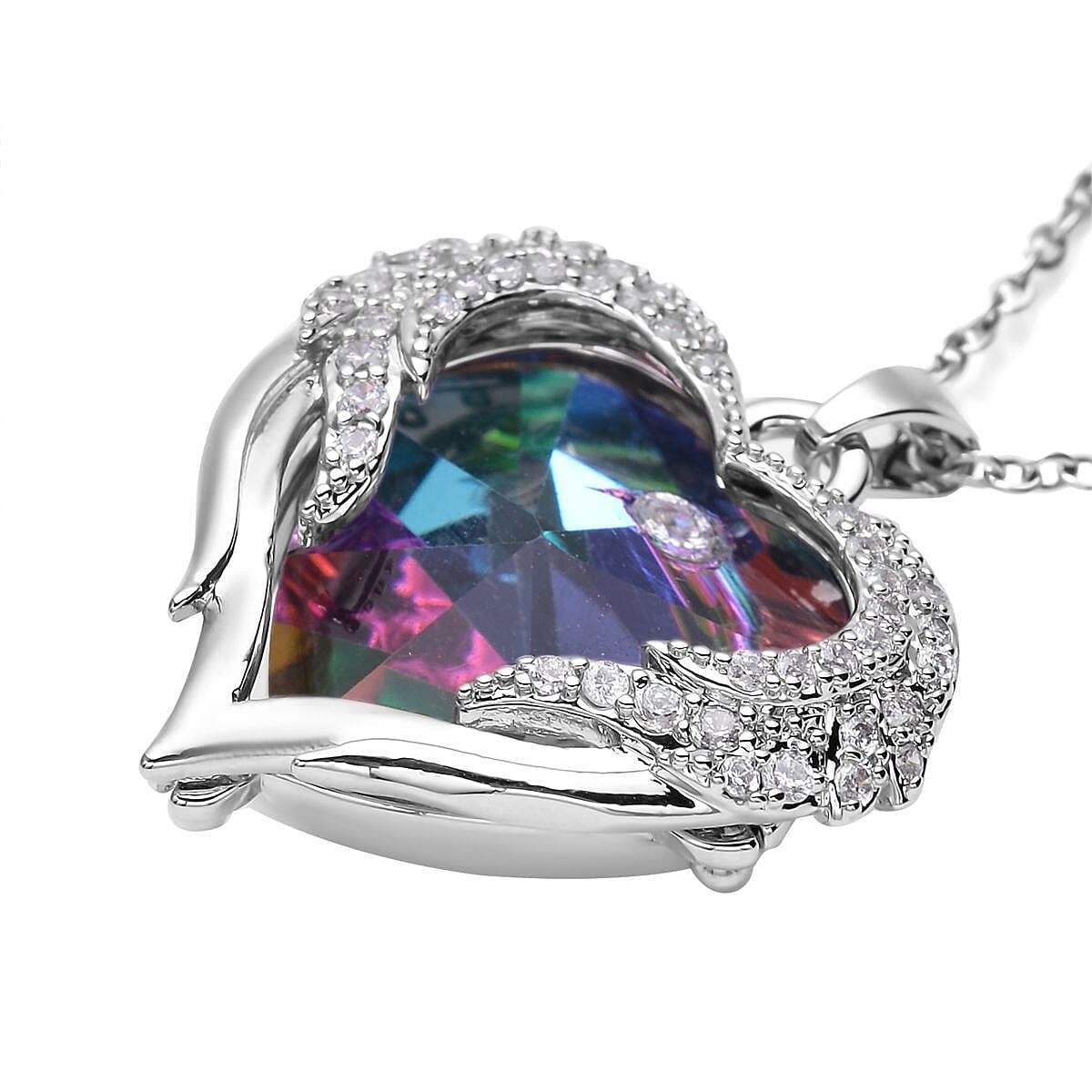 Simulated Mystic Topaz and Simulated Diamond Heart Pendant with Chain (Size 20 With 2 Inch Extender) in Silver Tone