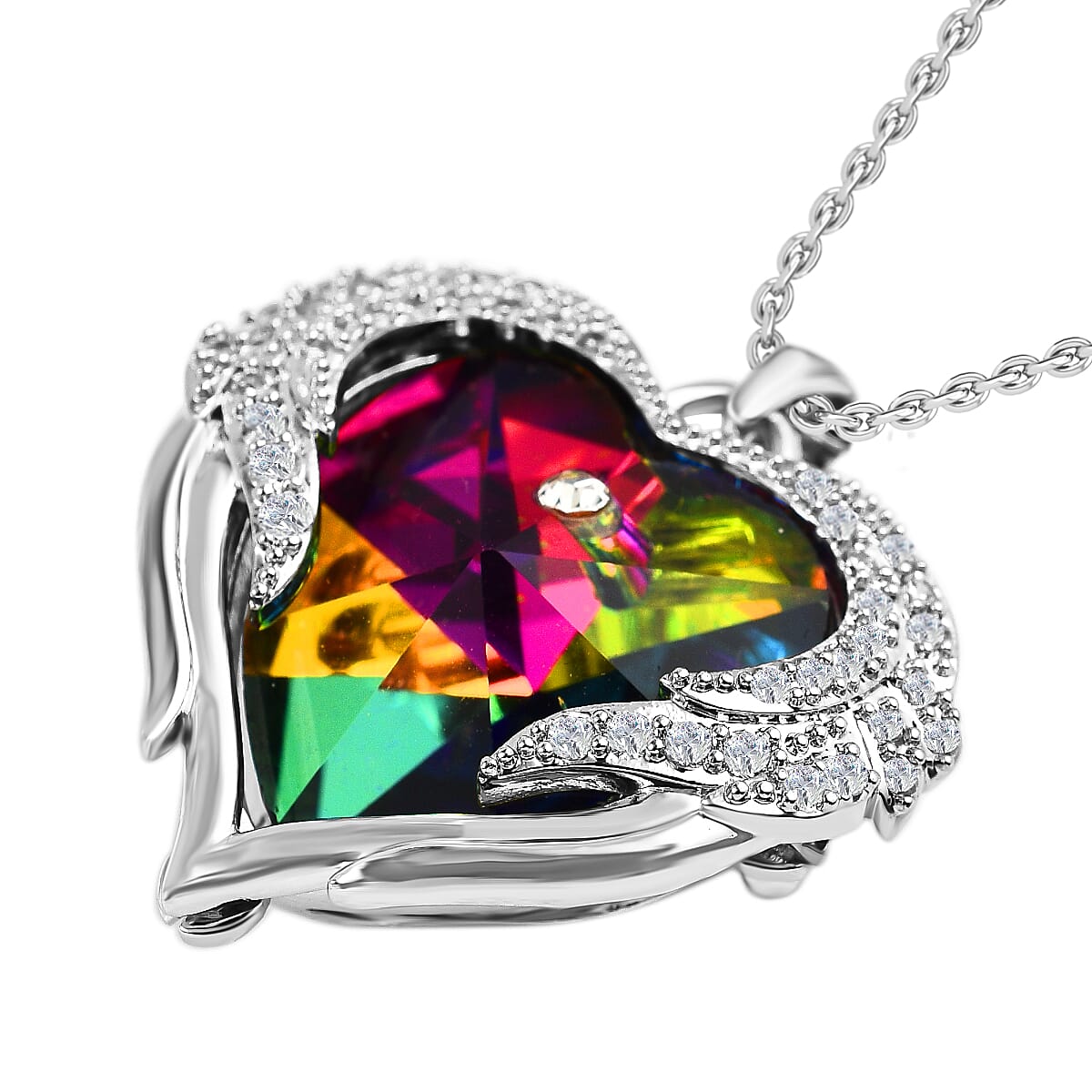 Simulated Purple Crystal and Simulated Diamond Heart Pendant with Chain (Size 20-2 Inch Ext.) in Silver Tone