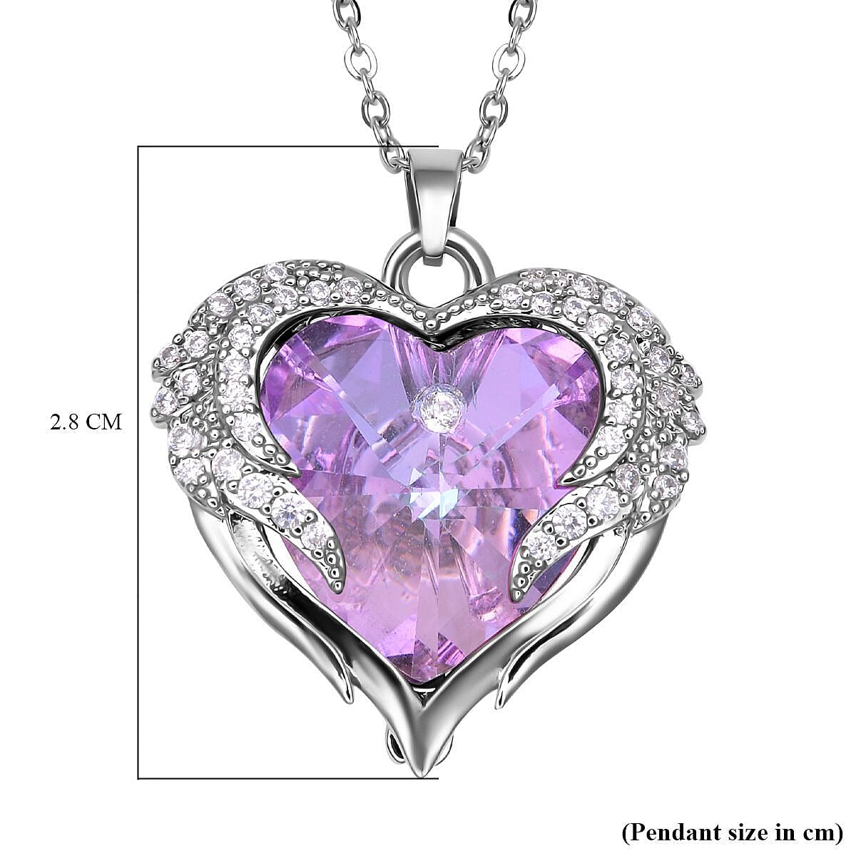 Simulated Purple Crystal and Simulated Diamond Heart Pendant with Chain (Size 20-2 Inch Ext.) in Silver Tone