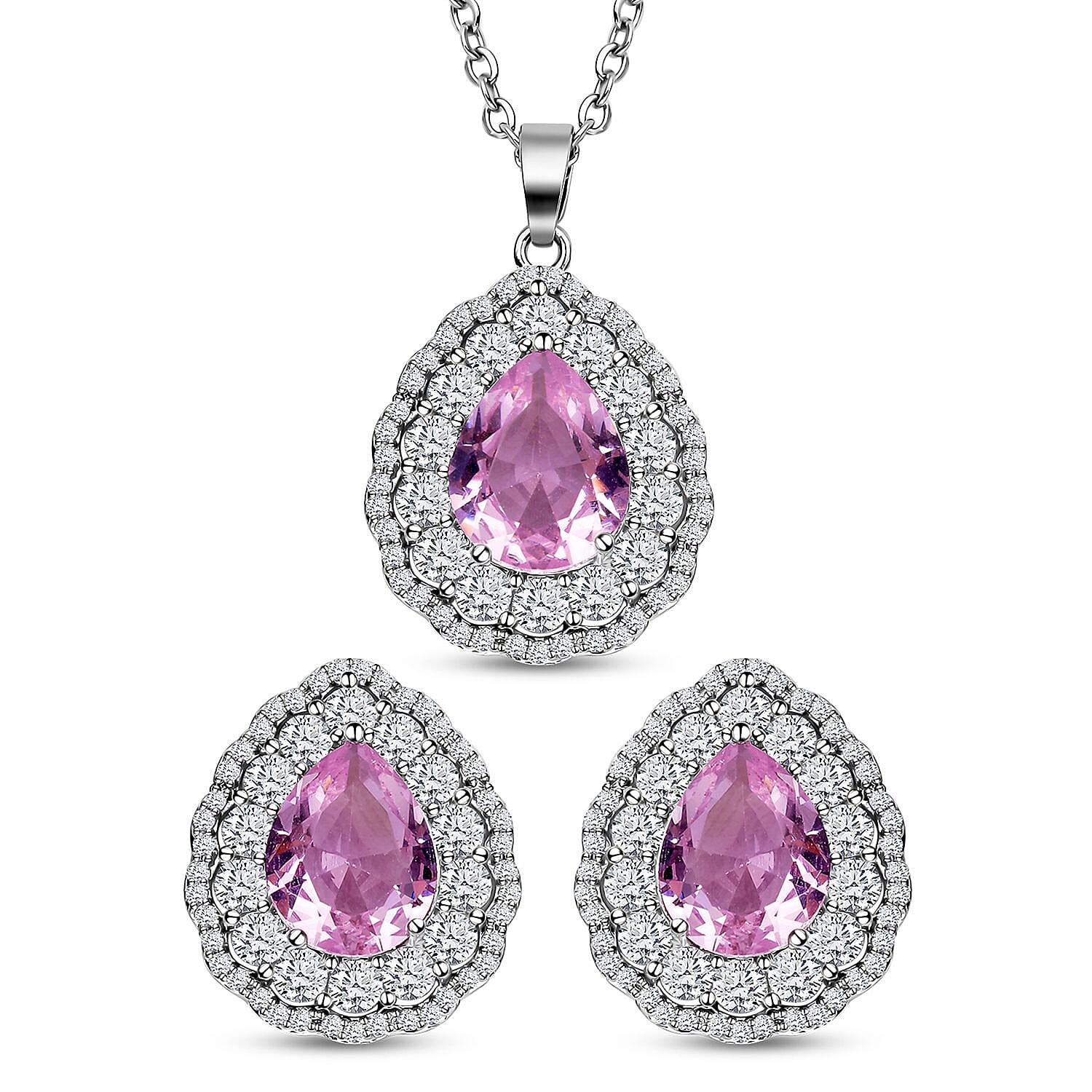 Set of 2 - Simulated Pink Sapphire and Simulated Diamond Pendant with Chain (size - 20 with 2 Inch Extender) And Earrings (With Push Back) in Silver Tone