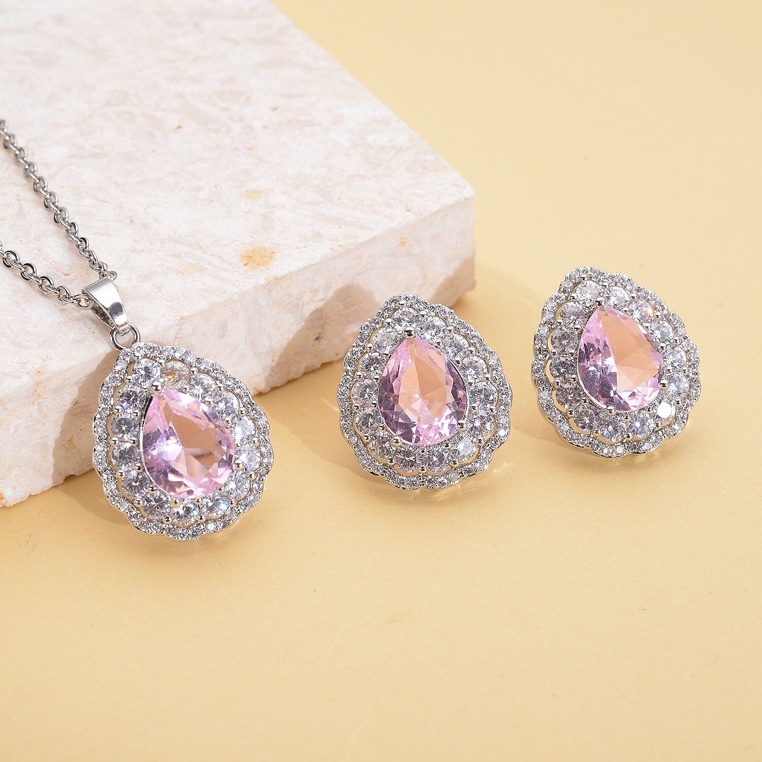 Set of 2 - Simulated Pink Sapphire and Simulated Diamond Pendant with Chain (size - 20 with 2 Inch Extender) And Earrings (With Push Back) in Silver Tone