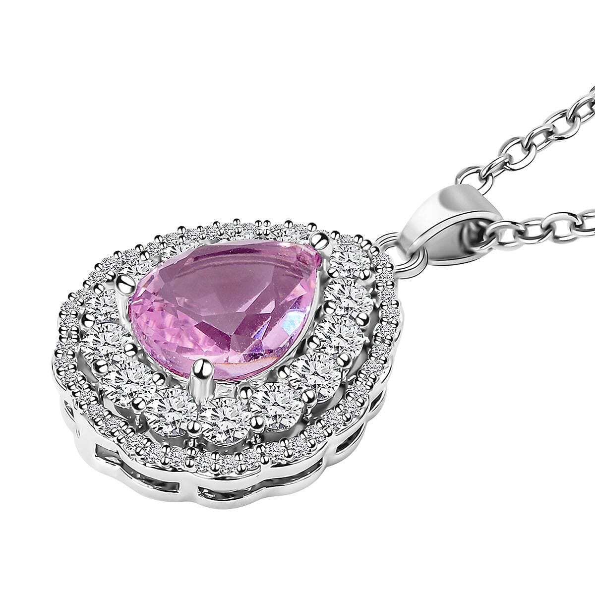 Set of 2 - Simulated Pink Sapphire and Simulated Diamond Pendant with Chain (size - 20 with 2 Inch Extender) And Earrings (With Push Back) in Silver Tone